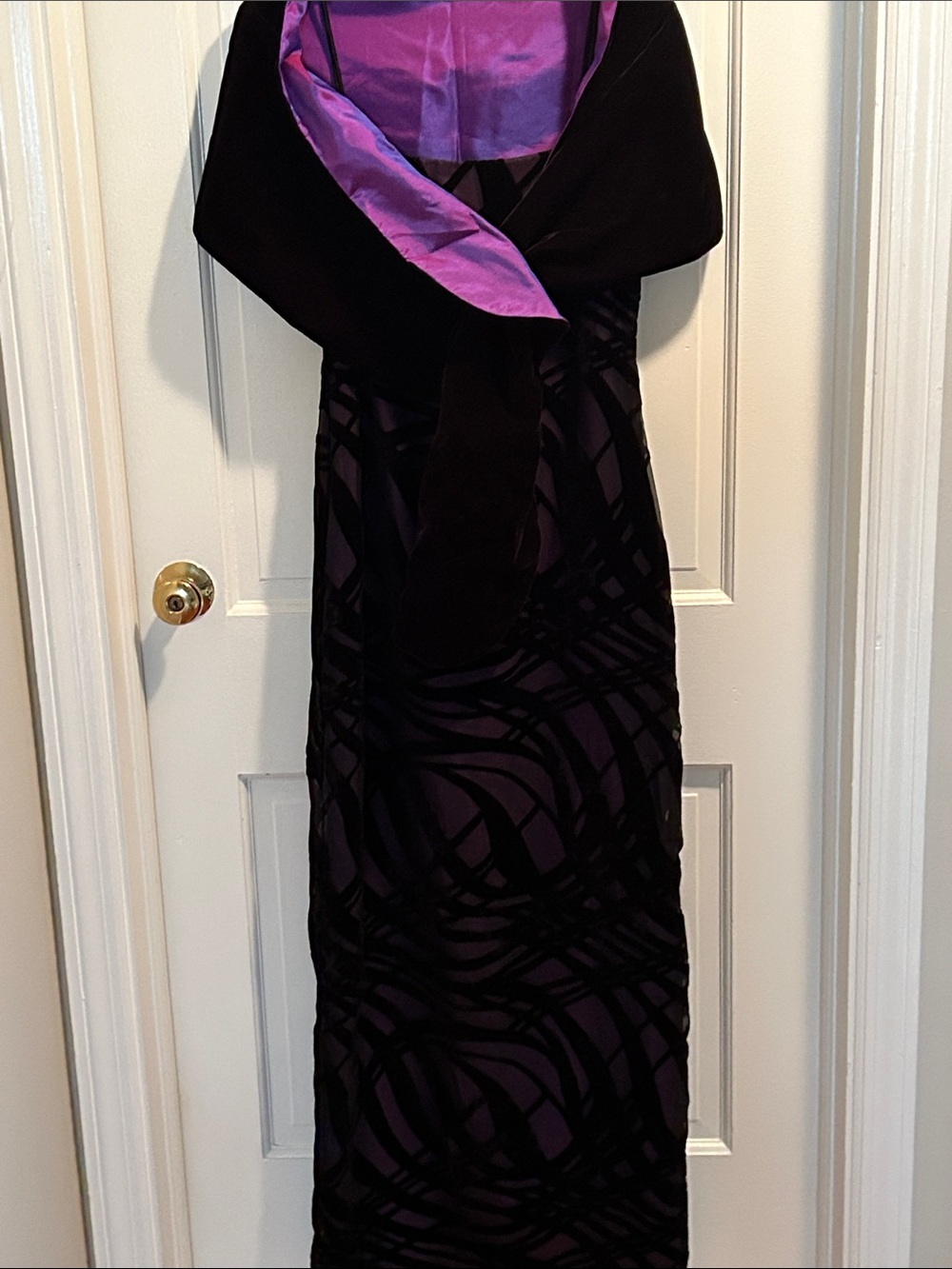 Black Velvet-Overlay Purple Maxi Dress with Removable Matching Shawl